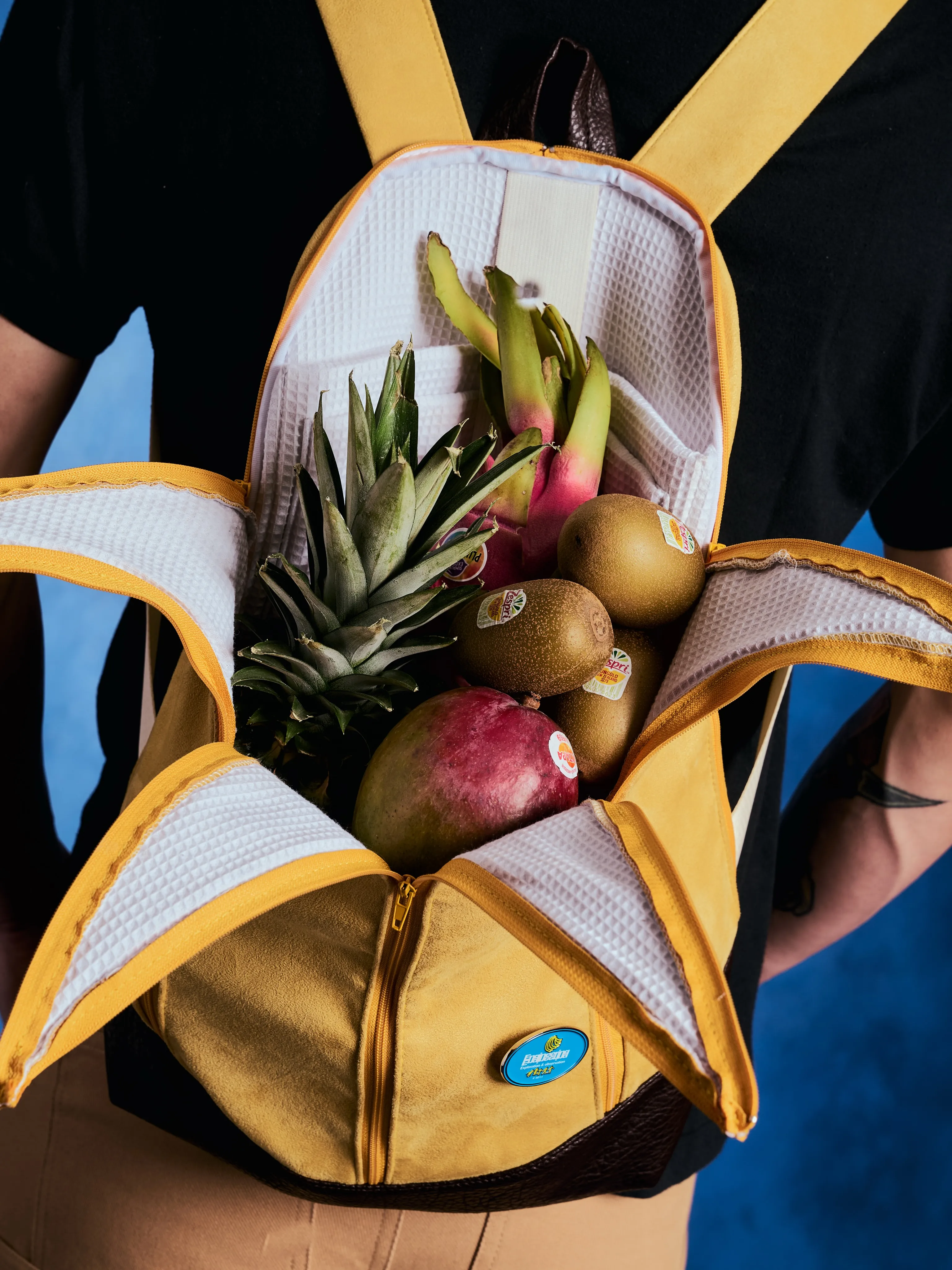 The Banackpack held open, loaded with a pineapple, mango and kiwis