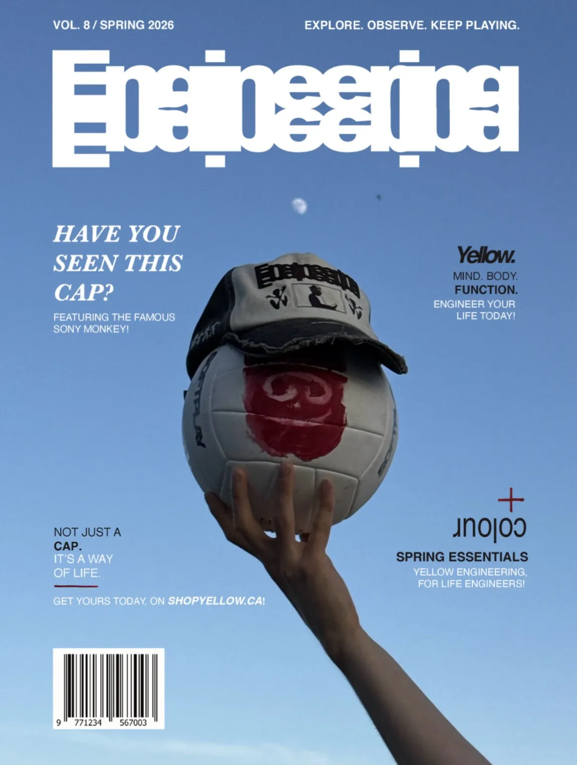 The Yellow Engineering Vol. 8 cover — a capped volleyball held against the sky